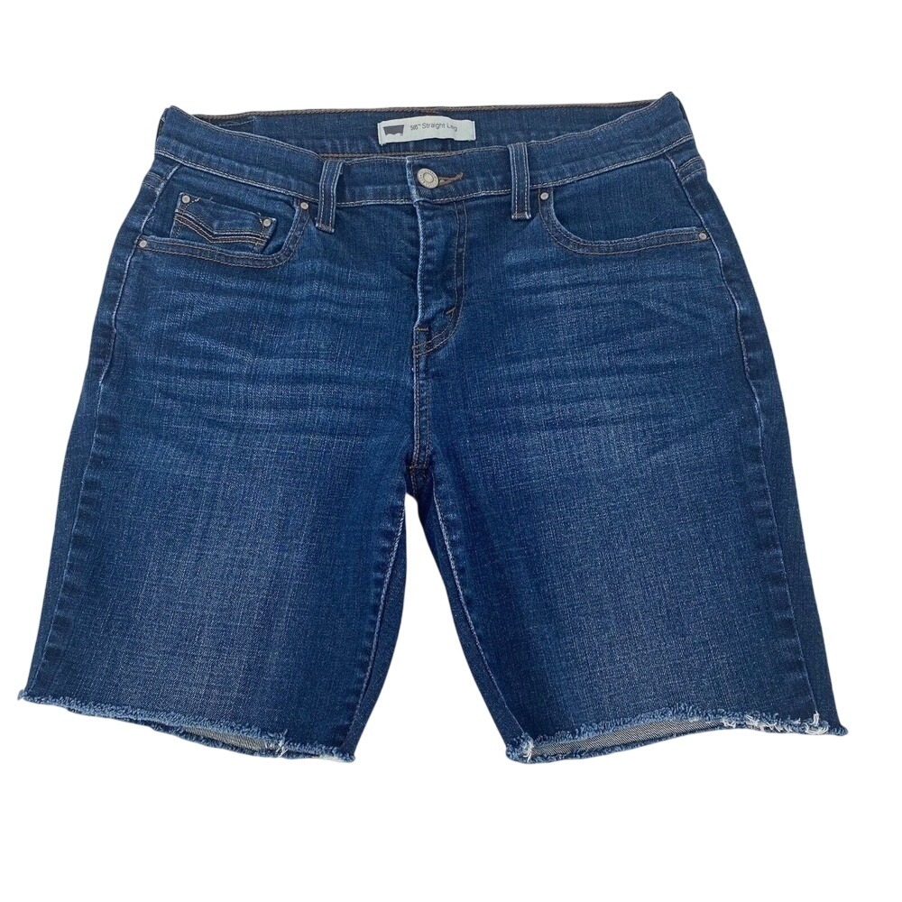 Levis 505 Straight Leg Denim Shorts Womens 6 Dark Wash Frayed Hem Flap Pocket